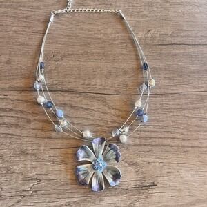 Kenneth Cole Blue Enamel Pansy Flower Necklace Multi-Strand Beaded Garden Cottge